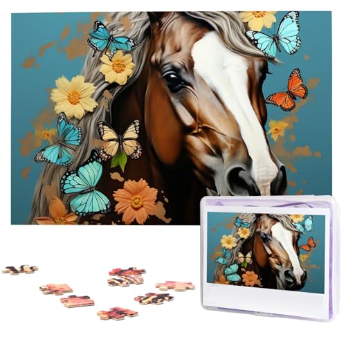 Ein Pferd mit Blumen und Schmetterlingen Puzzles aus Fotos 1000 Teile Personalisiertes Holzpuzzle Herausfordernde Puzzles für Erwachsene Benutzerdefinierte Bilderpuzzle Geschenke für Familie Hochzeit von NBSKSDLK
