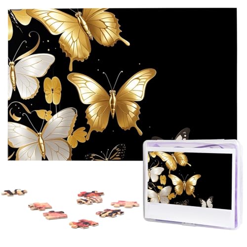 Goldene weiße Schmetterlinge, schwarze Puzzles aus Fotos, 1000 Teile, personalisiertes Holzpuzzle, herausfordernde Puzzles für Erwachsene, individuelles Bildpuzzle, Geschenke für Familie, Hochzeit von NBSKSDLK