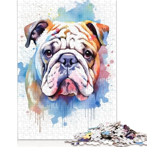 Aquarell-Bulldogge, 1500-teiliges Puzzle für Erwachsene, 100% recycelte Holzplatte, schwierige Puzzles für Frauen und Männer, 1500 Teile (85 x 57 cm) von NBVDRF
