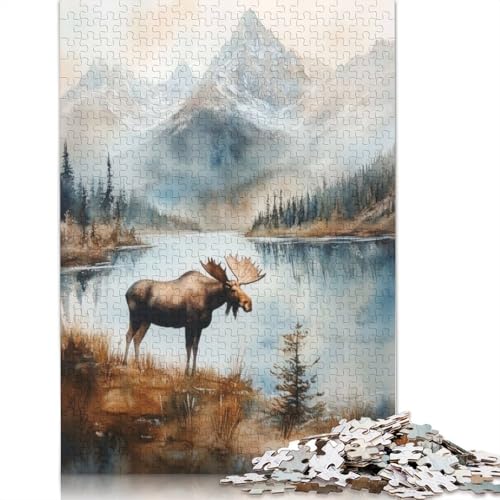 Elch in Berglandschaft, Aquarell-Puzzle für Erwachsene, kreative Spiele, Puzzle, Geschenk für Jungen oder Mädchen, 520 Teile (52 x 38 cm) von NBVDRF