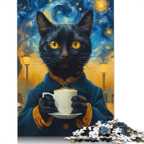 Kaffeekatze trinkt Kaffee, 520-teiliges Puzzle für Erwachsene, 100% recycelte Holzplatte, schwierige Puzzles für Frauen und Männer, 520 Teile (52 x 38 cm) von NBVDRF