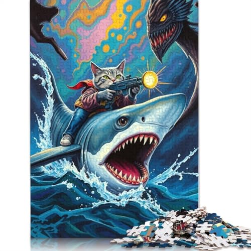 Katze mit Waffen, die auf einem Hai reitet, 520 Puzzles für Erwachsene, freundliche Materialien, Coole Puzzles für Erwachsene, für Jungen oder Mädchen, 520 Teile (52 x 38 cm) von NBVDRF