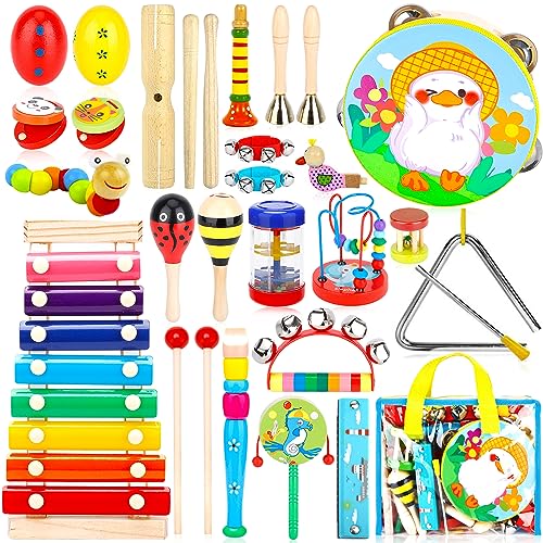 NCKIHRKK 30 Stück Musikinstrumente für Kinder, Holz Percussion Set Schlagzeug Schlagwerk Rhythm Toys, Holzschlaginstrumente für Spiel und Rhythmus, Xylophon, Spielzeug für Kleinkinder ab 3 Jahre von NCKIHRKK