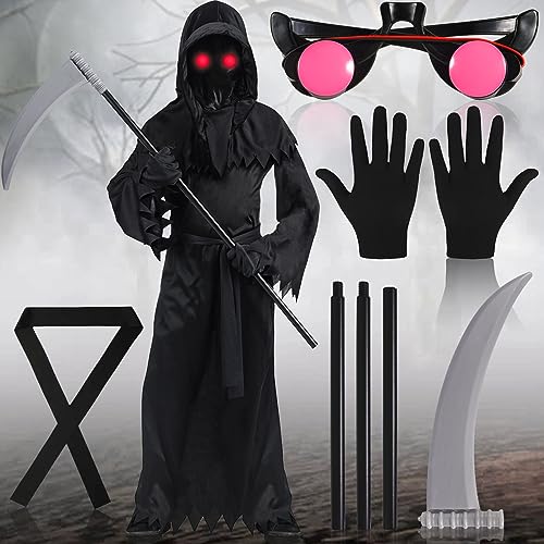 NCKIHRKK 7PCS Sensenmann Kostüm Kinder, Halloween Kostüm Kinder Jungen, Heloweenkostüme mit Handschuhe Sense Brille Gürtel Kette, Grim Reaper Sense Scream Kostüm für Halloween Dekoration, Cosplay NCKIHRKK 7PCS Sensenmann Kostüm Kinder, Halloween Kostüm Kinder Jungen, Heloweenkostüme mit Handschuhe Sense Brille Gürtel Kette, Grim Reaper Sense Scream Kostüm für Halloween Dekoration, Cosplay von NCKIHRKK