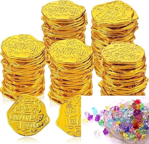 NCTNCX 100 Stück Goldmünzen Kinder, Goldmünzen spielzeug, Goldmünzen Piratenschatz, Piraten schatz, Schatzsuche Kindergeburtstag (100 Goldmünzen +50 Edelsteine) (100) von NCTNCX