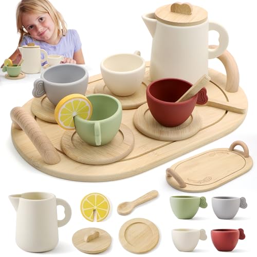 Teeservice Kinder Holz, Teeservice Kinder Silikon 13 Stücke, Rollenspiele Spielzeug, mit Teetassen Teekanne und Untertassen Sets, Geschenk für Mädchen Jungen von NCTNCX