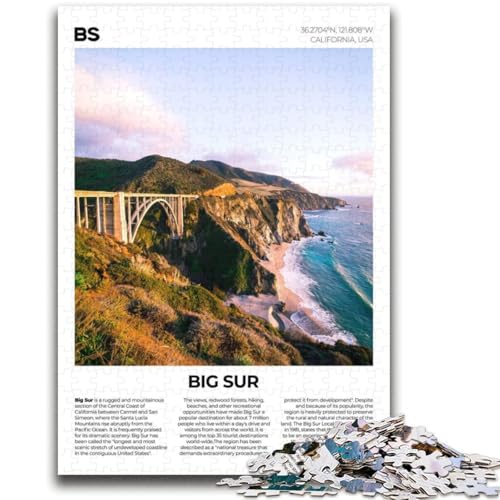 Puzzle für Teenager, 1000 Teile, Big Sur, schwierig und herausfordernd, mit passendem Poster und Quizblatt für Alter 14 (Größe 38x52cm) von NCVAZHASO