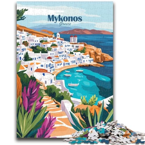Puzzle für Teenager, 1000 Teile, Mykonos-Griechenland-Poster, schwierig und herausfordernd, mit passendem Poster und Quizblatt für Alter 14 (Größe 50x70cm) von NCVAZHASO