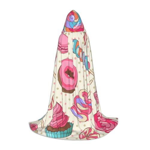 NDDCEDEW Bunter süßer Lutscher-Cupcake-Donut-Druck, Kapuzenumhang für Jugendliche, bodenlanger Kapuzenumhang von NDDCEDEW