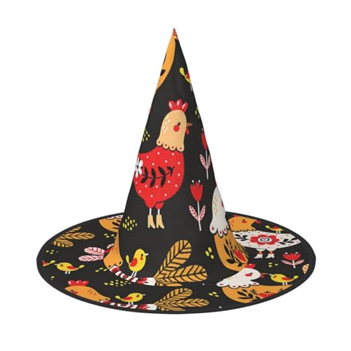 NDDCEDEW Niedlicher Hahn-Hühner-Druck, Halloween-Hüte, Hexen-Zauberer-Hüte für Feste, Cosplay von NDDCEDEW