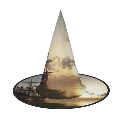 NDDCEDEW Ship In The Lake Sunset Print Halloween Hüte Hexe Zauberer Hüte für Feste Cosplay von NDDCEDEW