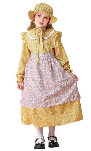 NEAWEALY Kolonial Pionier Kostüm Mädchen Kinder Magd Blumenkleid Kostüm Gingham Kleid mit Schürze und Motorhaube Gelb 9-10Y NEAWEALY Kolonial Pionier Kostüm Mädchen Kinder Magd Blumenkleid Kostüm Gingham Kleid mit Schürze und Motorhaube Gelb 9-10Y von NEAWEALY