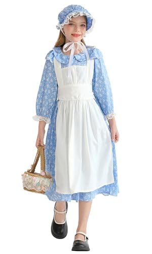NEAWEALY Kolonial Pionier Kostüm Mädchen Kinder Magd Blumenkleid Kostüm Gingham Kleid mit Schürze und Motorhaube Hellblau 7-8Y NEAWEALY Kolonial Pionier Kostüm Mädchen Kinder Magd Blumenkleid Kostüm Gingham Kleid mit Schürze und Motorhaube Hellblau 7-8Y von NEAWEALY
