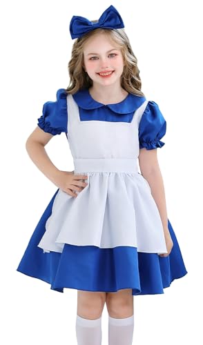 NEAWEALY Mädchen Blau Prinzessinnenkleid Kinder Dienstmädchen Kleid Schürze Stirnbänder Kopfbedeckung Anzug Kindertag Halloween Cosplay Magd Kostüm Marineblau 7-8Y von NEAWEALY
