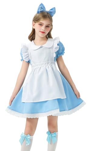 NEAWEALY Mädchen Magd Kostüm Blau Dienstmädchen Kleid Schürze Stirnbänder Kopfbedeckung Anzug Kindertag Halloween Cosplay Kostüm Prinzessinnenkleid Azurblau 4-5Y von NEAWEALY