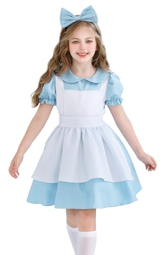 NEAWEALY Mädchen Magd Kostüm Blau Dienstmädchen Kleid Schürze Stirnbänder Kopfbedeckung Anzug Kindertag Halloween Cosplay Kostüm Prinzessinnenkleid Hellblau 5-6Y von NEAWEALY