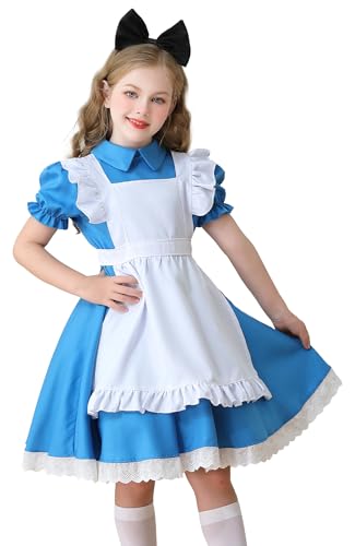 NEAWEALY Mädchen Magd Kostüm Blau Dienstmädchen Kleid Schürze Stirnbänder Kopfbedeckung Anzug Kindertag Halloween Cosplay Kostüm Prinzessinnenkleid Königsblau 5-6Y von NEAWEALY