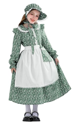 NEAWEALY Magd Kostüm Mädchen Kinder Kolonial Pionier Gingham Kleid Kostüm Blumenkleid mit Schürze und Motorhaube Grün 7-8Y NEAWEALY Magd Kostüm Mädchen Kinder Kolonial Pionier Gingham Kleid Kostüm Blumenkleid mit Schürze und Motorhaube Grün 7-8Y von NEAWEALY