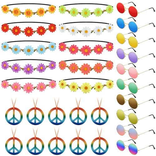 NEBURORA 30-teiliges Hippie-Zubehör im 60er- und 70er-Jahre-Stil, Hippie-Kostüm-Zubehör-Set, Gänseblümchen, Stirnband, Friedenszeichen, Halsketten, Hippie-Sonnenbrille, Kostümzubehör für Karneval, NEBURORA 30-teiliges Hippie-Zubehör im 60er- und 70er-Jahre-Stil, Hippie-Kostüm-Zubehör-Set, Gänseblümchen, Stirnband, Friedenszeichen, Halsketten, Hippie-Sonnenbrille, Kostümzubehör für Karneval, von NEBURORA