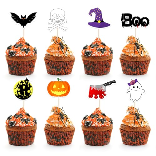 NEBURORA 64 Stück Halloween-Cupcake-Topper, Kürbis, Fledermaus, Geist, Boo, Kuchenspieße, Happy Halloween, Party-Dekorationen von NEBURORA