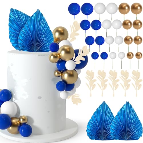NEBURORA 64 Stück Tortendeko Kugeln Cake Topper und Blätter-Dekoration, Cake Topper Ballons Mini, Kuchen Kugeln Dekoration für Geburtstagstorten(Blau Gold） von NEBURORA