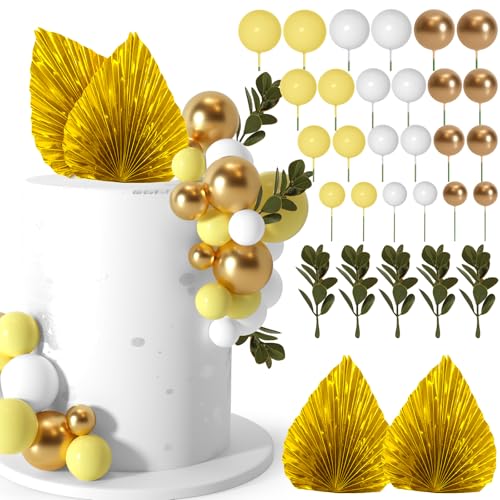 NEBURORA 64 Stück Tortendeko Kugeln Cake Topper und Blätter-Dekoration, Cake Topper Ballons Mini, Kuchen Kugeln Dekoration für Geburtstagstorten(Gelb gold） von NEBURORA