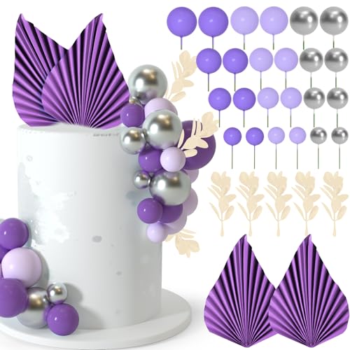 NEBURORA 64 Stück Tortendeko Kugeln Cake Topper und Blätter-Dekoration, Cake Topper Ballons Mini, Kuchen Kugeln Dekoration für Geburtstagstorten(Lila Silber) von NEBURORA