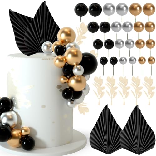 NEBURORA 64 Stück Tortendeko Kugeln Cake Topper und Blätter-Dekoration, Cake Topper Ballons Mini, Kuchen Kugeln Dekoration für Geburtstagstorten(Schwarz Gold） von NEBURORA