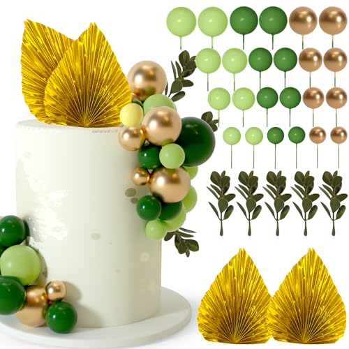 NEBURORA 64 Stück Tortendeko Kugeln Cake Topper und Blätter-Dekoration, Cake Topper Ballons Mini, Kuchen Kugeln Dekoration für Geburtstagstorten (Grün Gold) von NEBURORA