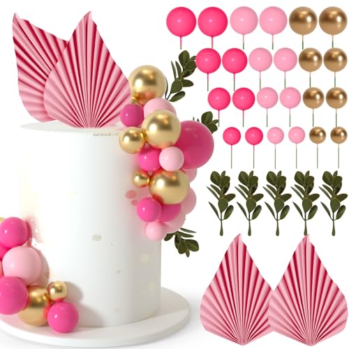 NEBURORA 64 Stück Tortendeko Kugeln Cake Topper und Blätter-Dekoration, Cake Topper Ballons Mini, Kuchen Kugeln Dekoration für Geburtstagstorten (Rosa Gold) von NEBURORA
