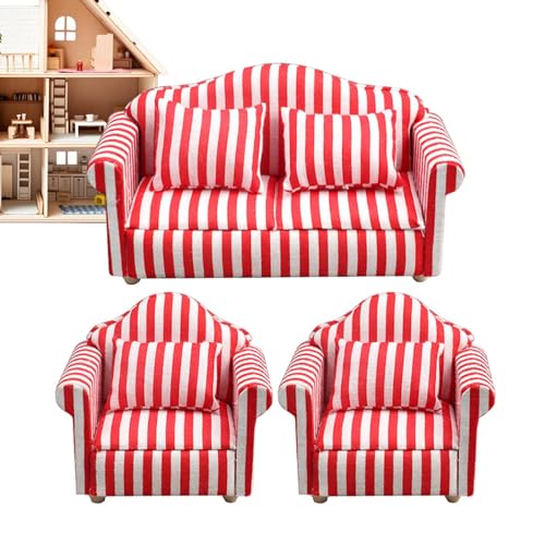 NEFLUM Puppenhaus-Couch, Puppenhaus-Sofa-Sessel,Miniatur-Sofa-Sessel-Spielzeug im Maßstab 1:12 - Rot-weiß gestreifter Miniatur-Sofa-Sessel aus Holzstoff, Puppenhaus-Wohnzimmermöbel für Kinder von NEFLUM