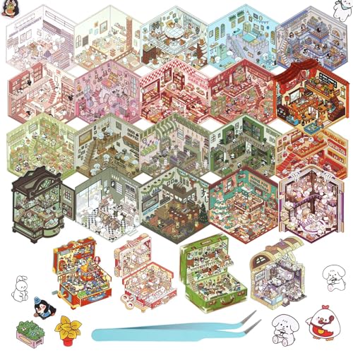 NEIQIUWING 24 Sätze 3D House Stickers, Miniatur Haus Sticker, DIY-Aufklebertherapie für Erwachsene, Erstellen Sie Ihre eigenen Mini-Raumszenen, Miniatur-Supermarkt zum Stressabbau, Zeitvertreib von NEIQIUWING