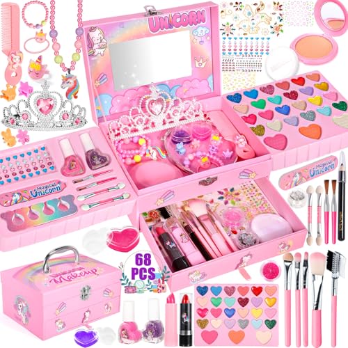 NEMMXUB Kinderschminke Set, 68 Stück Schminkset für Mädchen, Waschbar Ungiftig Kosmetik Make-Up Spielzeug Mit Schminkkoffer, Halloween Weihnachts Geburtstags Geschenke für 5 Jahre von NEMMXUB