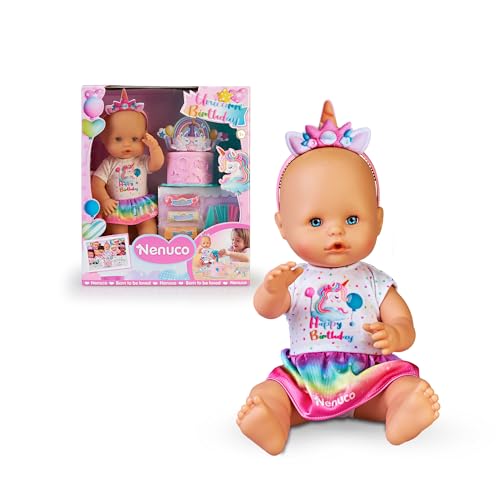 NENUCO Babypuppe mit Einhorn-Zubehör für Geburtstagsfeiern, inkl. personalisierbarer Torte mit Knetmasse, Kerzen, Zeichnungen und Aufklebern, für Kinder ab 3 Jahren, Famosa (NFN77000) von Nenuco