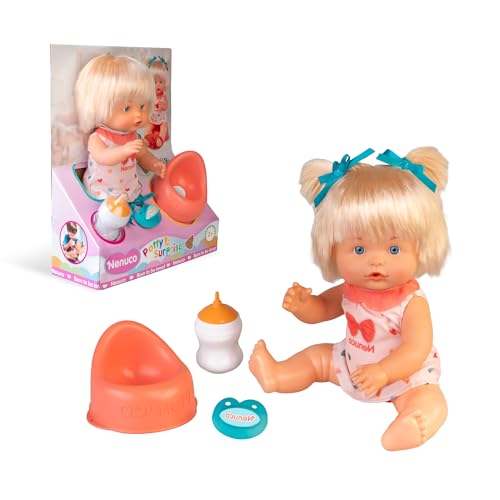 Nenuco Topf mit Überraschung, Baby Puppe von 25 cm, Harte Körper mit blonden Haaren, Trinkt Wasser mit der enthaltenen Flasche, Inklusive Schnuller und 2 Schleifen, Famosa (NFNB2000) von Nenuco