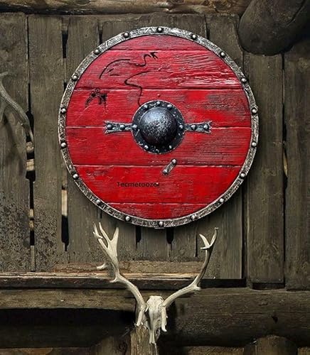 NEOARY Mittelalter Ragnar Lothbrok Authentic Battleworn Viking Shield - The Last Kingdom Cosplay Battle Ready, Voll funktionsfähig für Soldat/Krieger (24 Zoll) Rot von NEOARY