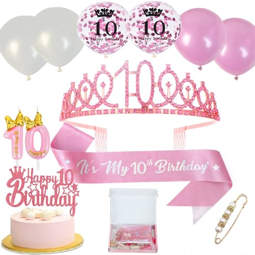 Neodtx 10. Geburtstag Mädchen 10 Jahre Rosa Geburtstagsdeko Schärpe Kinderkronen 11PCS Geschenk Set für 10 Geburtstagskrone Birthday Schärpe und Crown Tortendeko Luftballons Kerze 10th für Party Deko Neodtx 10. Geburtstag Mädchen 10 Jahre Rosa Geburtstagsdeko Schärpe Kinderkronen 11PCS Geschenk Set für 10 Geburtstagskrone Birthday Schärpe und Crown Tortendeko Luftballons Kerze 10th für Party Deko von NEODTX