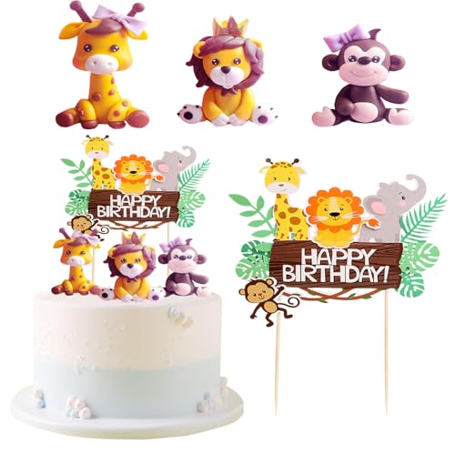 Neodtx Tierfiguren-Dekoration Tortendeko 1. Geburtstag Cake Topper Happy Birthday Cake Decoration Animals Lions Tortenaufleger Bals Forest Safari 1 Baby mädchen kinder von NEODTX