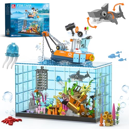 NERCISU Aquarium-Bausteine, Aquarium Fish Tank Bausatz, beleuchtetes, einschließlich Hai, Quallen, Fisch, Geschenk für Kinder, ab 8 Jahre Jungen Mädchen und Erwachsene (830 Teile) von NERCISU