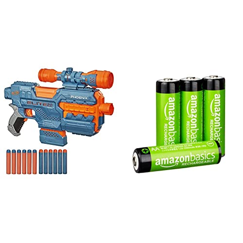 Elite 2 Phoenix CS-6 motorisierter Blaster, 12 Nerf Darts, 6-Dart Clip-Magazin, Fernrohr, Tactical Rails, 4AA Batterien & Amazon Basics AA-Batterien, wiederaufladbar, 2000 mAh, vorgeladen, 4 Stück von NERF