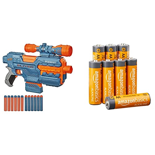 Elite 2 Phoenix CS-6 motorisierter Blaster, 12 Nerf Darts, 6-Dart Clip-Magazin, Fernrohr, Tactical Rails, Befestigungspunkte, 4AA Batterien & Amazon Basics AA-Alkalibatterien, 1,5 V, 8 Stück von NERF