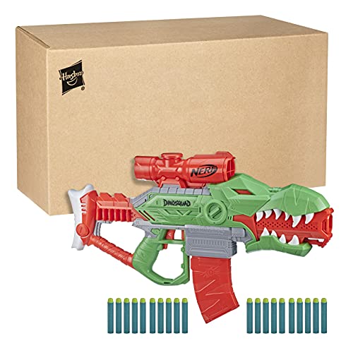 Hasbro DinoSquad Rex-Rampage motorisierter Blaster, 10-Dart Clip-Magazin, 20 Nerf Darts, 10-Dart Aufbewahrung, T-Rex Dinosaurier Design von NERF
