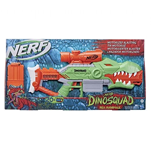 Hasbro DinoSquad Rex-Rampage motorisierter Blaster, 10-Dart Clip-Magazin, 20 Hasbro Darts, 10-Dart Aufbewahrung, T-Rex Dinosaurier Design, F0807 von NERF