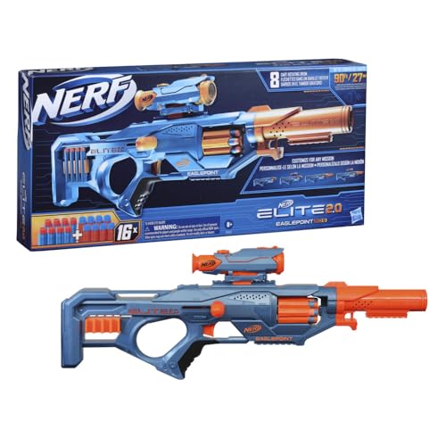 NERF Elite 2.0 Eaglepoint RD-8 Blaster – 8-Dart-Trommel, abnehmbares Zielfernrohr und Schaft, 16 offizielle Elite Darts, Bolt Action von NERF