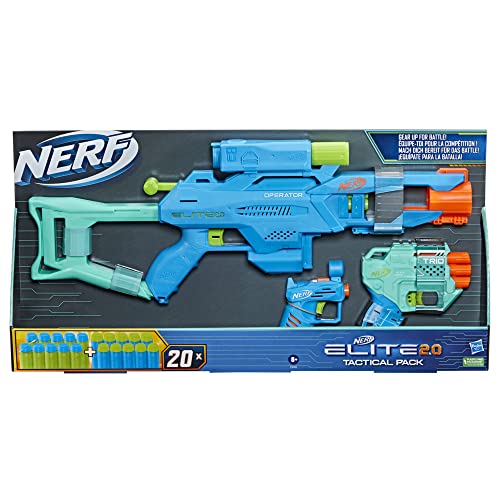 NERF Elite 2.0 Tactical 3-Blaster Pack, Operator BD-2 Blaster, Trio TD-3 Blaster, Ace SD-1 Blaster, 20 NERF Elite Darts Mehrfarbig von NERF