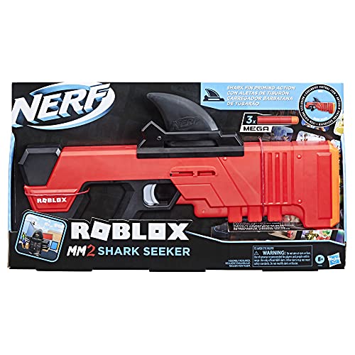 NERF Roblox MM2: Shark Seeker Dart-Blaster, Haifischflossen-Action, 3 Mega Darts, Code zur Freischaltung eines virtuellen In-Game Items von NERF