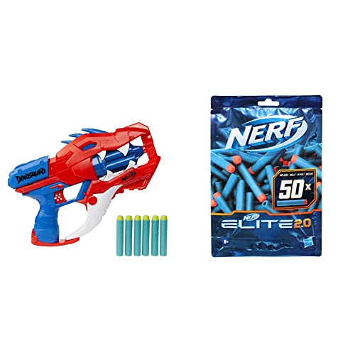 Nerf DinoSquad Raptor-Slash Blaster, 6-Dart Rotationstrommel, Schnellfeuer, 6 Darts, Velociraptor Dinosaurier Design & Elite 2.0 50er Dart Nachfüllpackung – 50 Nerf Elite 2.0 Darts von NERF