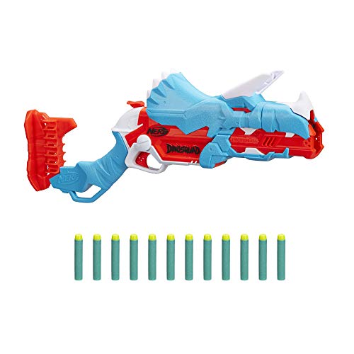 Nerf DinoSquad Tricera-Blast Dart-Blaster, aufklappbarer 3-Dart Lauf, 12 Nerf Darts, Dart-Aufbewahrung, Triceratops Dinosaurier Design von NERF