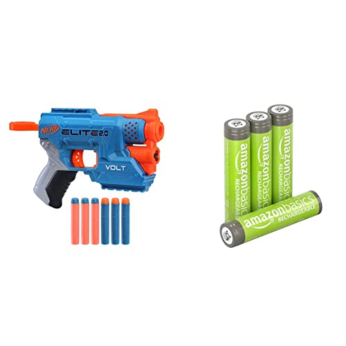 Nerf Elite 2.0 Volt SD-1 Blaster – 6 Nerf Darts, Ziel-Lichtstrahl, 2-Dart Aufbewahrung, 2 Tactical Rail Steckschienen & Amazon Basics AAA-Batterien, wiederaufladbar, vorgeladen, 4 Stück von NERF