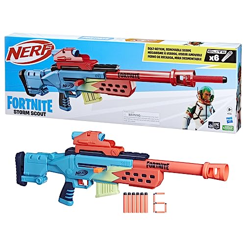Nerf Fortnite Storm Scout Blaster, Nerf Fernrohr, 6-Dart Clip-Magazin, 6 Nerf Elite Darts, Bolzen-Action von NERF